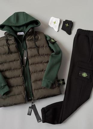 Набір stone island зима:хакі жилет, хакі зіп худі, штани.