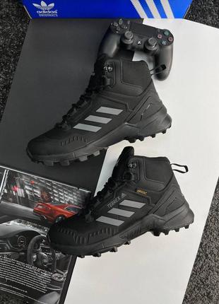 Зимові чоловічі кросівки adidas terrrex swift r gore tex fur all black grey stripes