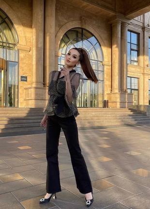 Костюм 3-ка блузка брюки майка топ сетка горошек рюшки воланы фатин прямые брюки клеш...