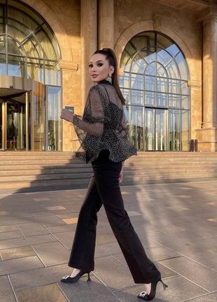 Костюм 3-ка блузка брюки майка топ сетка горошек рюшки воланы фатин прямые брюки клеш...