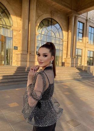 Костюм 3-ка блузка брюки майка топ сетка горошек рюшки воланы фатин прямые брюки клеш...