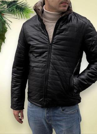 Зимова чоловіча шкіряна куртка на хутрі з внутрішньою кишенею / великі розміри