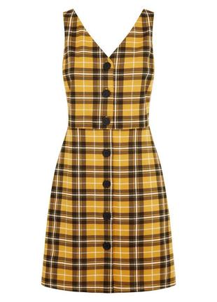 Брендовое желтое платье-сарафан мини в клеточку "new look" на пуговицах. размер uk 6/eur34.3 фото