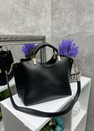 Черная – натуральный замш со змеиным принтом - стильная сумка на три отделения – фурнитура золото2 фото