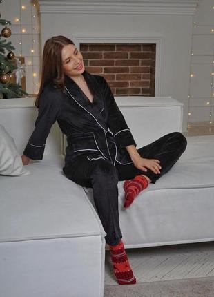 Женский комплект для дома брюки, футболка и халат xs черный (комплект из 3 вещей)3 фото