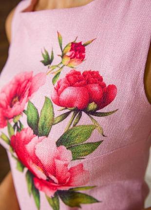 Короткое льняное платье, с цветами пионы, цвет розовый, размер 46, 172r018-15 фото