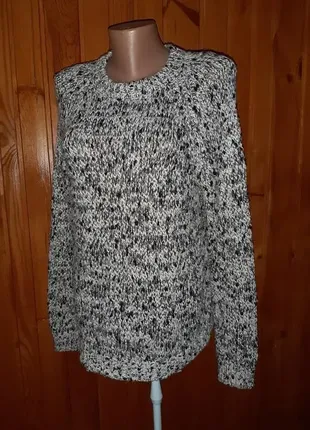 Новый свитер-джемпер-пуловер крупной вязки меланж чёрно-бело-серая нить