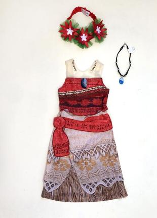 Шикарное платье принцессы моаны с венком цветов и ожерельем, р. 4-6 лет
