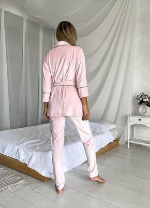 Женский комплект для дома брюки, футболка и халат xs пудровый (комплект из 3 вещей)9 фото