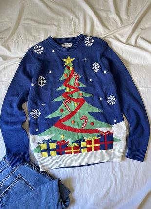 Теплый синий новогодний свитер с елкой primark