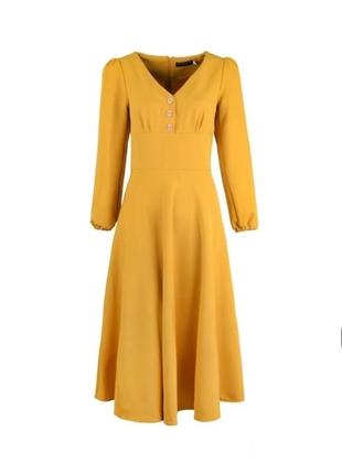 Желтое платье миди по колено с длинным рукавом модное
