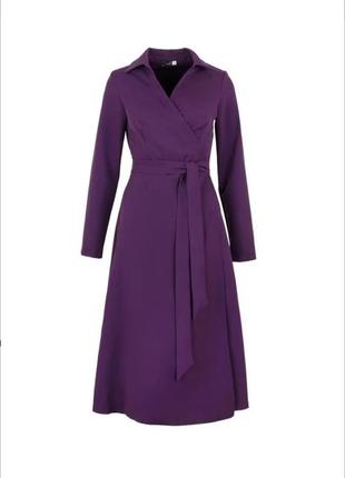 Фиолетовое платье миди с поясом длинным рукавом
