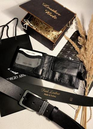 Набор мужской ремень + кошелек из натуральной кожи, ремень кожаный туречки, подарочный набор кошелек и ремень в стиле armani🖤 армани6 фото