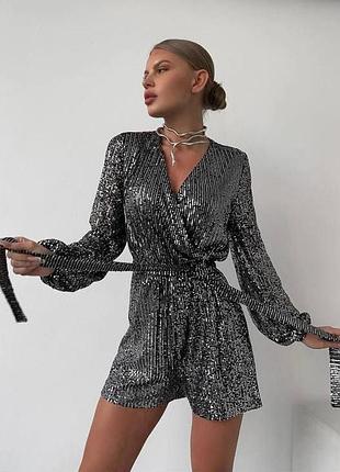 Комбінезон паєтки сірий з поясом