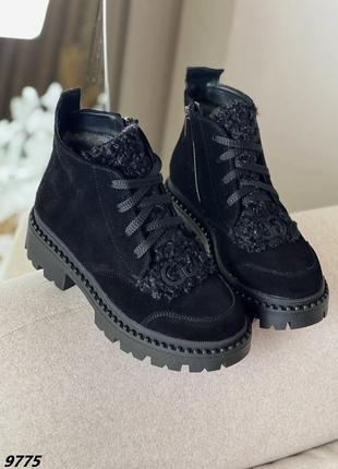Натуральные замшевые зимние черные ботинки с мехом тедди