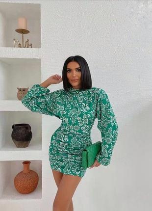Сукня зелена в квітковий принт рукава буфи плаття квіткове