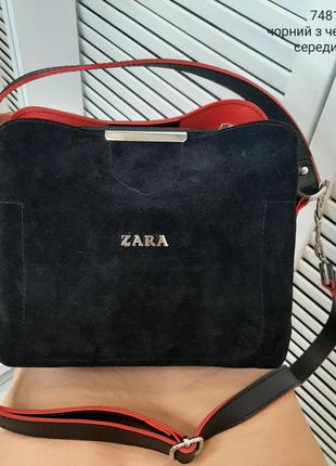 Женская стильная и качественная сумка из натуральной замши и эко кожи на 3 отдела черный с красным