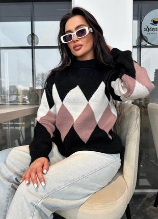 В'язаний светр з вовни у ромб х подвійним коміром