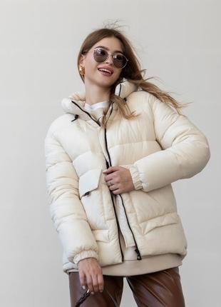 Очень крутой бежевый оверсайз пуфер пуховик водоотталкивающий размер 44-52