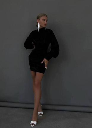 Платье короткое черное однотонное на длинный рукав с вырезом на спине качественная стильная трендовая4 фото