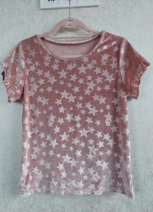 Велюровая пижамная, домашняя розовая футболка в принт звёзд george (размер 36-38)1 фото