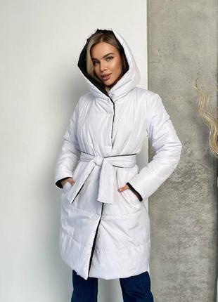 Зимнее пальто женское двустороннее, теплое пальто с капюшоном, поясом, модное пальто на зиму черно-белое1 фото