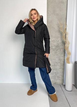 Зимнее пальто женское двустороннее, теплое пальто с капюшоном, поясом, модное пальто на зиму мокко-черное1 фото