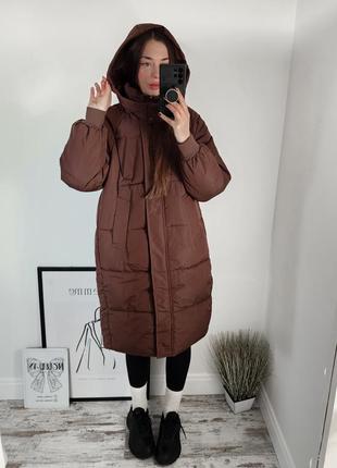 Женский коричневый оверсайз пуховик, женская зимняя коричневая куртка пальто5 фото