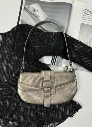 Серебристая серебристая винтажная трендовая сумка багет с железным кольцом
