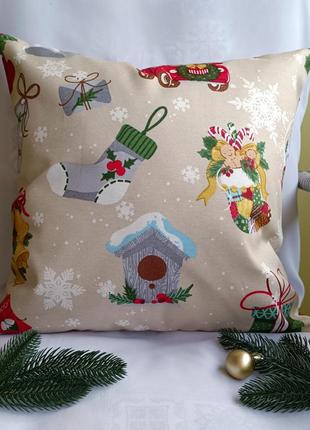Новорічна  наволочка 35*35 з різдвяними чобітками з плотної тканини