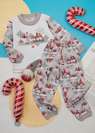 Дитяча утеплена новорічна піжама з гномами на байці, пижама с начесом новогодняя скандинавський гном