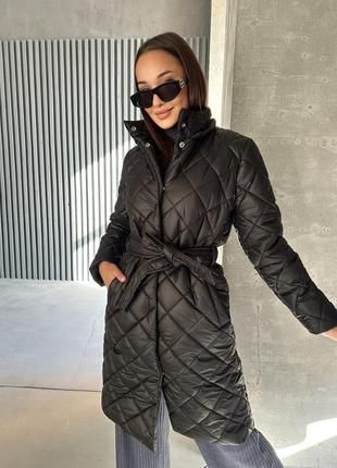 Теплое зимнее женское пальто-куртка с поясом на силиконе 200 😍4 фото