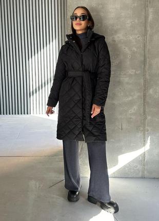 Теплое зимнее женское пальто-куртка с поясом на силиконе 200 😍9 фото