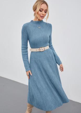 90184 голубое длинное теплое платье юбка плиссе6 фото