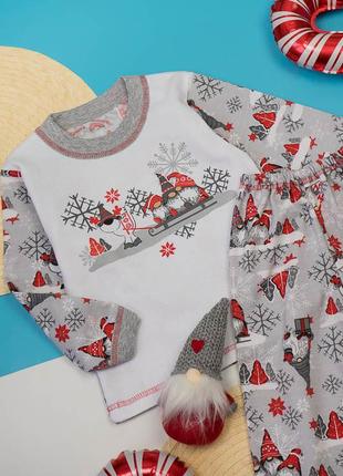 Дитяча утеплена новорічна піжама з гномами на байці, пижама с начесом новогодняя5 фото