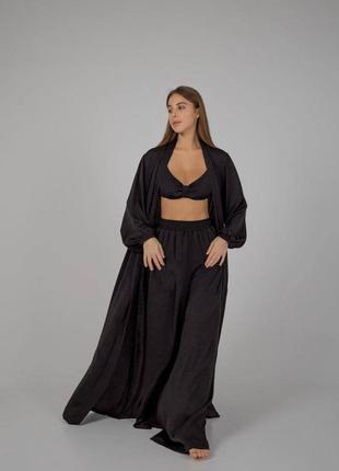 Diana 30109 піжамний костюм трійка для жінок чорний халат бра штани шовк віскоза1 фото