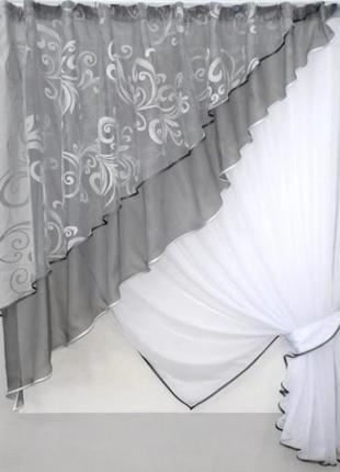 Комплект на кухню (280х170см) шторки з ламбрекеном. колір сірий з білим