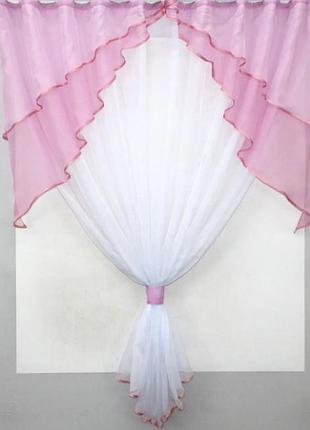 Комплект штор на кухню (270х170см) тюль і ламбрекен. колір рожевий з білим