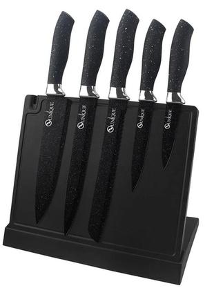 Набор кухонных ножей из нержавеющей стали с магнитной подставкой unique un-1841-ks 6 предметов + точилка черны