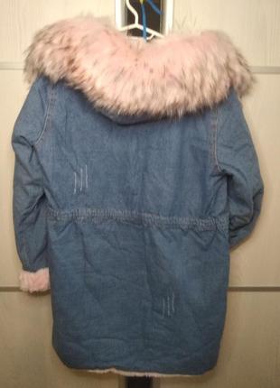 Зимняя (еврозима) женская джинсовая куртая парка с меховым капюшоном, на меховой подкладке (не снимается)8 фото