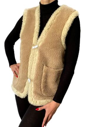 Тепла вовняна безрукавка з овчини еко-шерсть жіноча хутряна жилетка бежева лучшая цена