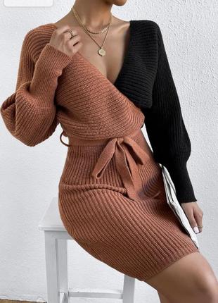 Элегантное вязаное двухцветное платье-свитер от shein2 фото