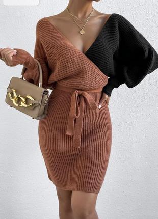 Элегантное вязаное двухцветное платье-свитер от shein1 фото