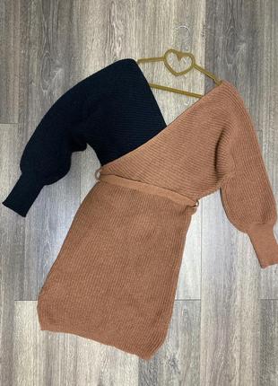 Элегантное вязаное двухцветное платье-свитер от shein6 фото