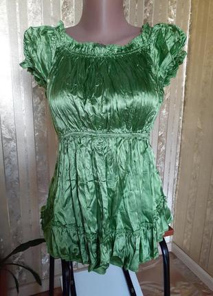 Оливка!🍐атласная блуза жатка шебби-шик оливкова блузка туника с рукавом-фонариком на резинке тяжелый атлас7 фото