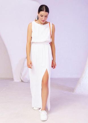Біла бавовняна довга сукня з розрізом розмір s