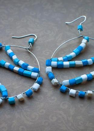 Сережки бохо блакитні, бірюзові сережки етно бижутер кільця boho etno стиль hand made7 фото