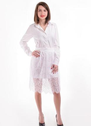 Белое платье рубашка с гипюровой юбкой длинным рукавом