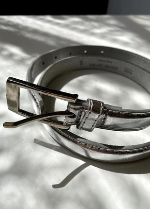 Серебряный кожаный тонкий ремень из натуральной кожи