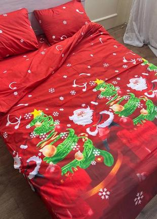 Святкова новорічна постіль комплект постільної білизни червоний різдвяний новий рік з дідом морозом1 фото